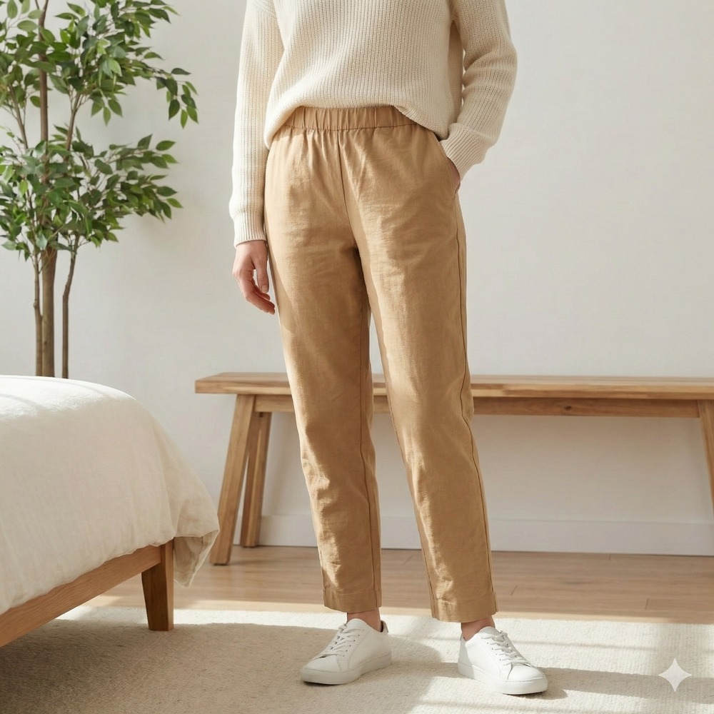 Casual Elastic Waist Tan Pants for Women